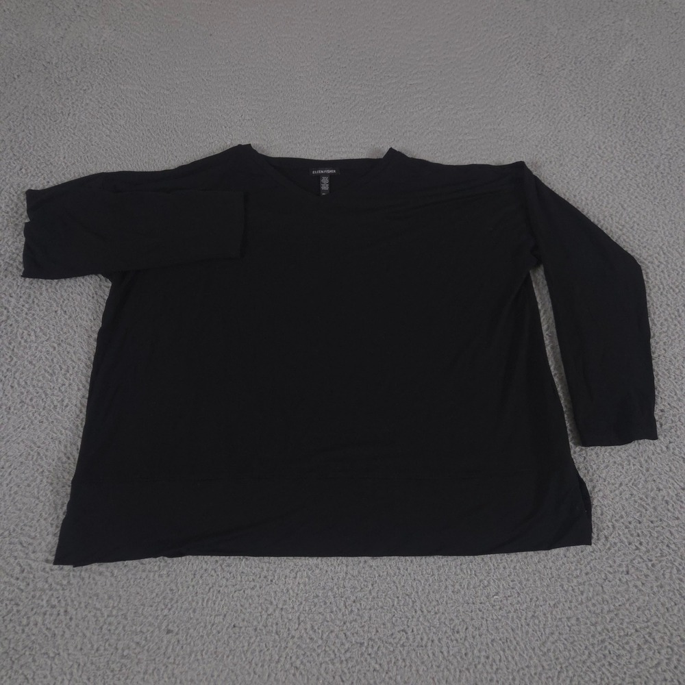 Eileen Fisher Top Womens L Black Viscose Elastane V-Neck Long Sleeve Relaxed Fit